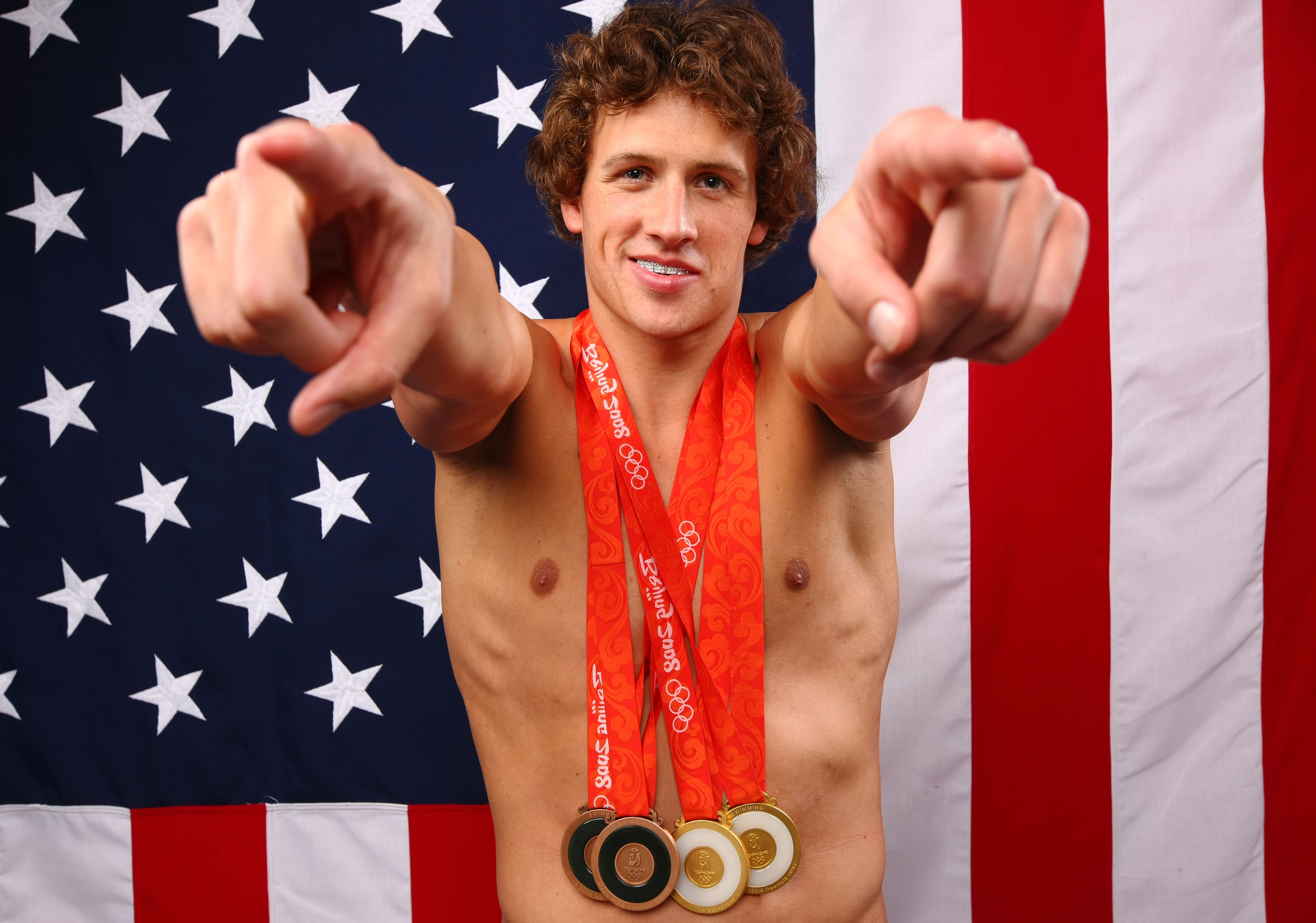 Ryan Lochte poses with his medals in the NBC Today Show Studio at the Beijing 2008 Olympic Games in Beijing, China, on August 15, 2008. | Source: Getty Images