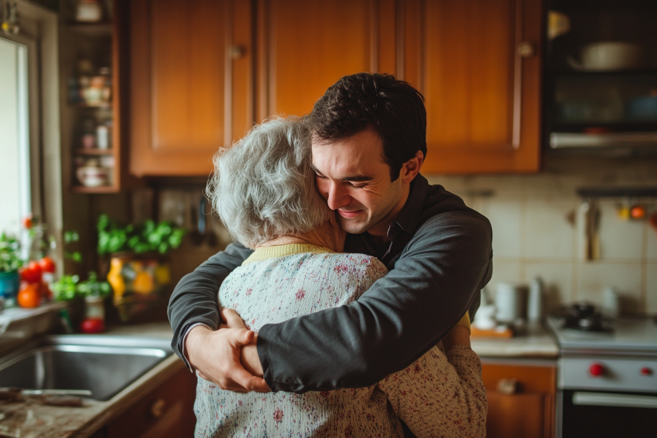 A man hugging his mother | Source: Midjourney