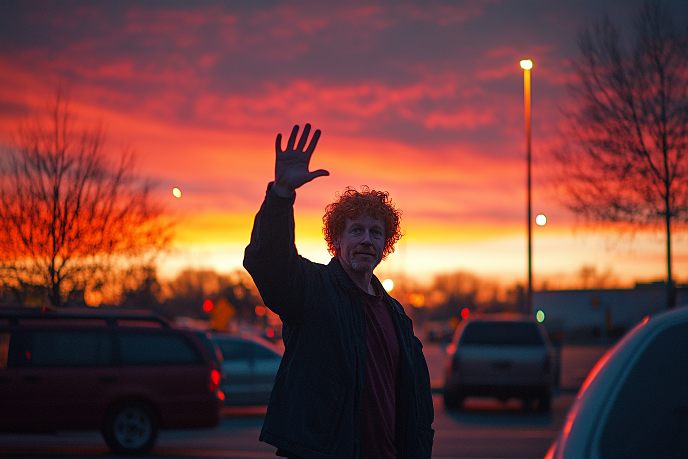 A man waving in a parking lot | Source: Midjourney