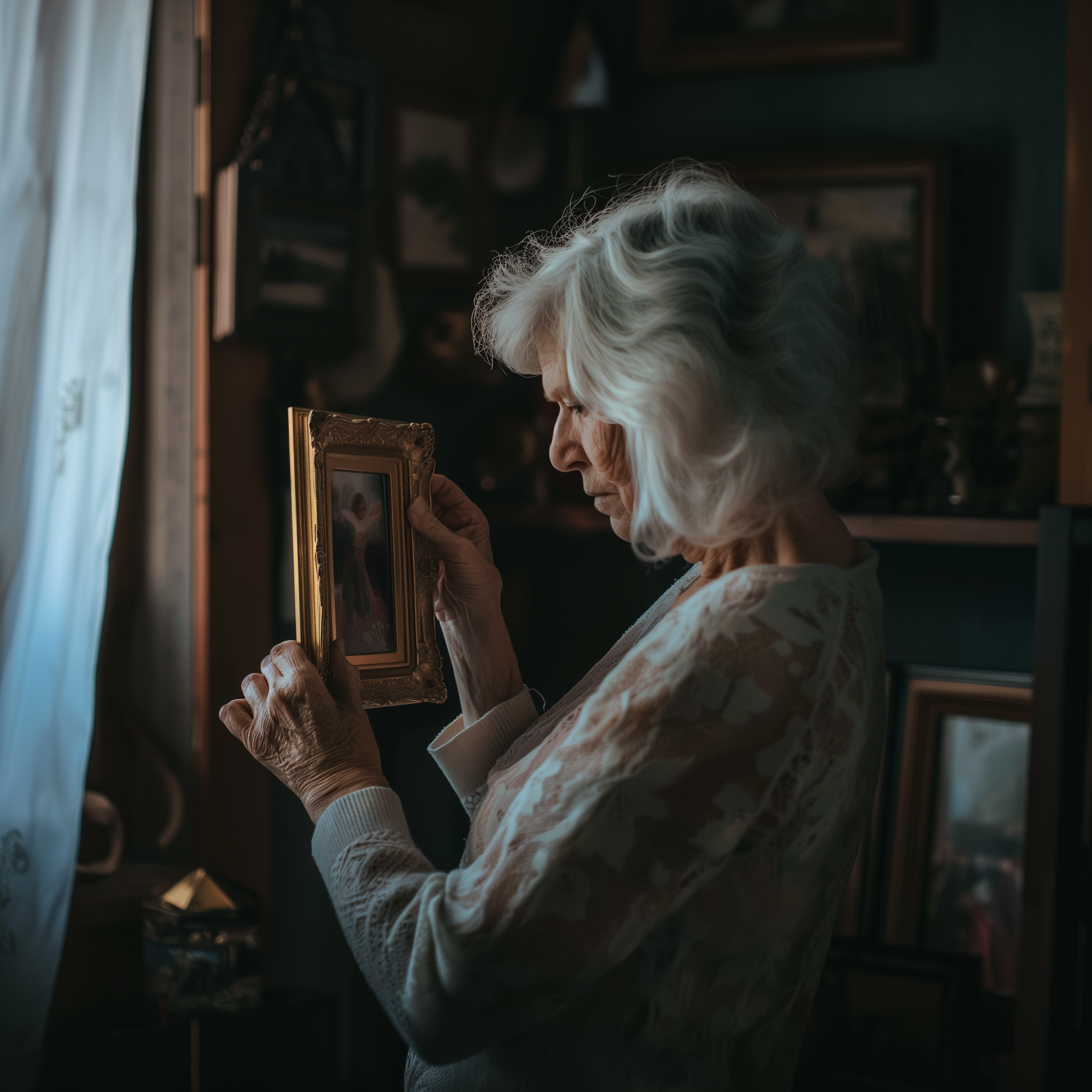 An elderly woman holding a photo frame | Source: Midjourney