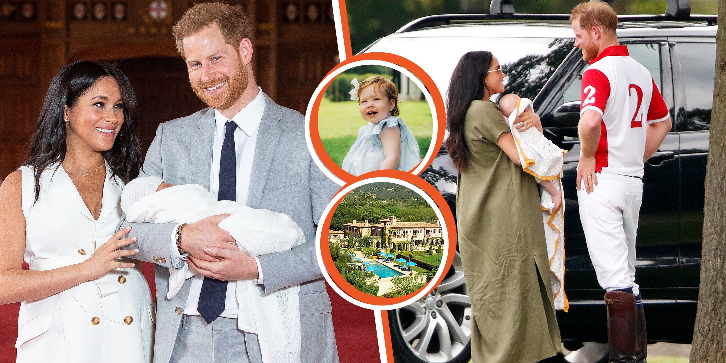 Meghan Markle and Prince Harry. | Meghan Markle, Prince Harry and their children Archie and Lilibet. | Meghan Markle and Prince Harry's home.| Source: Twitter.com/Daily Mail. | Getty Images 