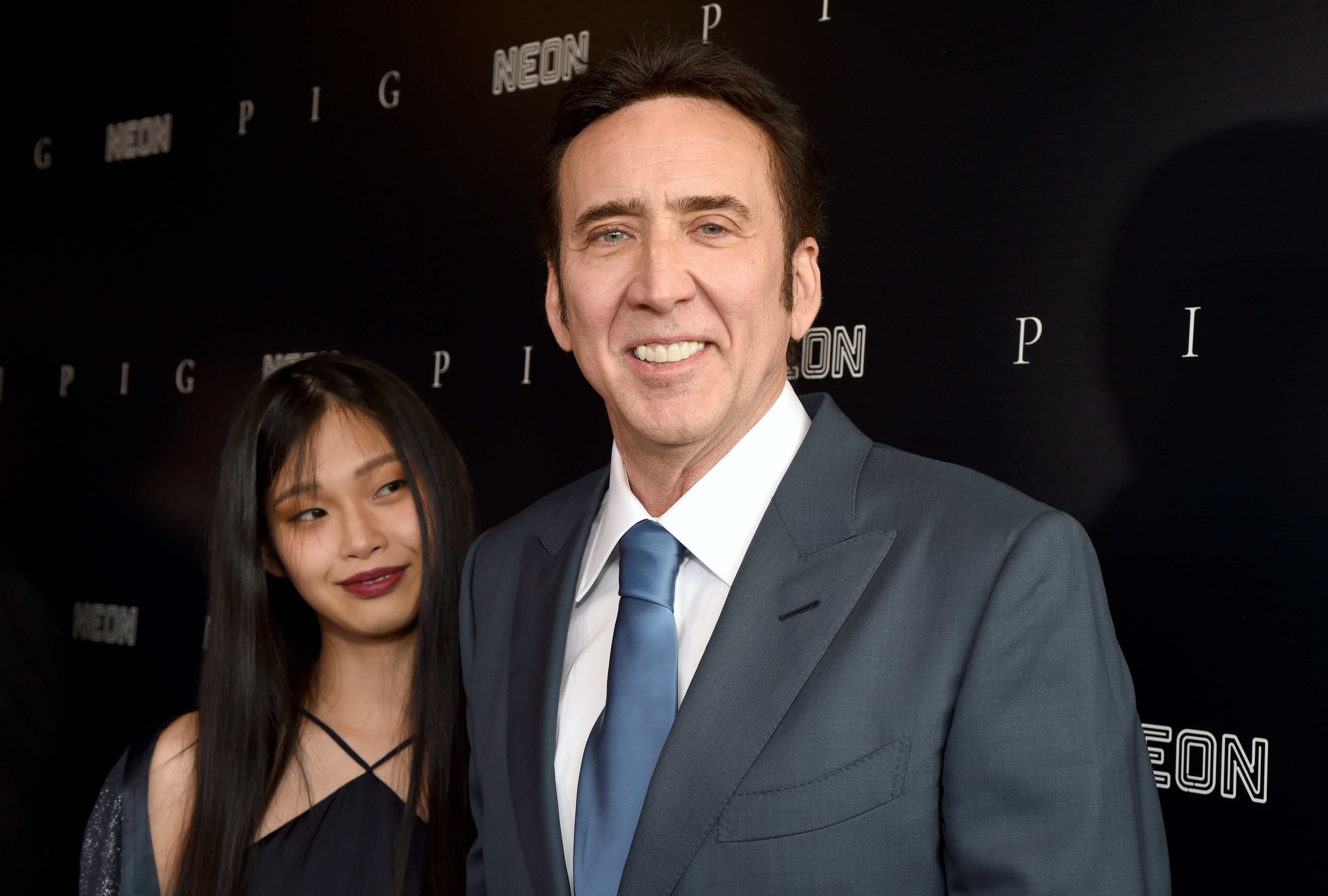 Riko Shibata and Nicolas Cage during the Neon premiere of "PIG" on July 13, 2021 in Los Angeles, California. / Source: Getty Images