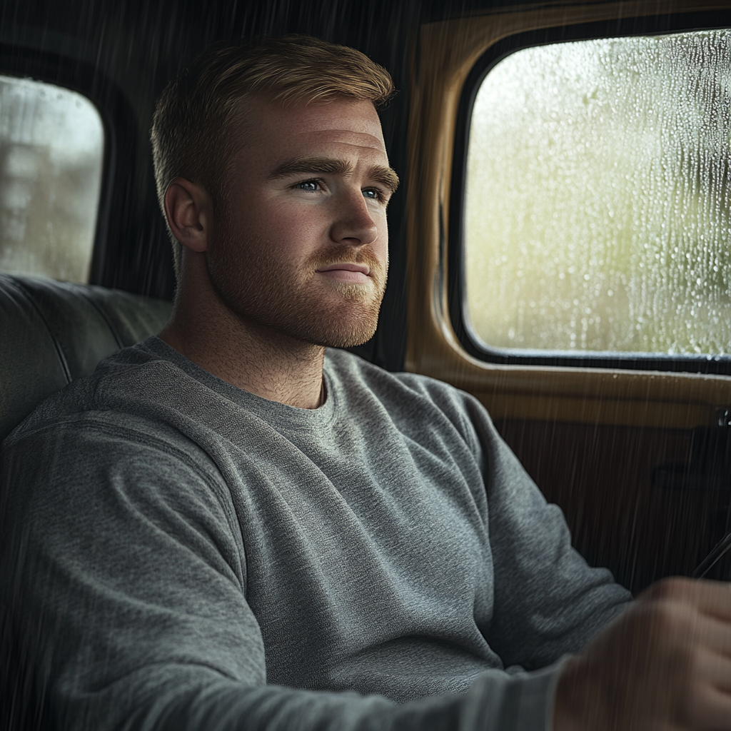 A man smiles while driving his truck | Source: Midjourney