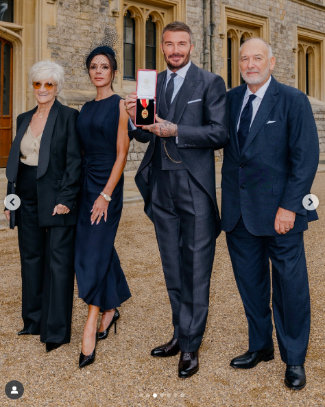 Sandra, Victoria, David, and Ted Beckham posing for pictures together outside the castle. | Source: Instagram/victoriabeckham