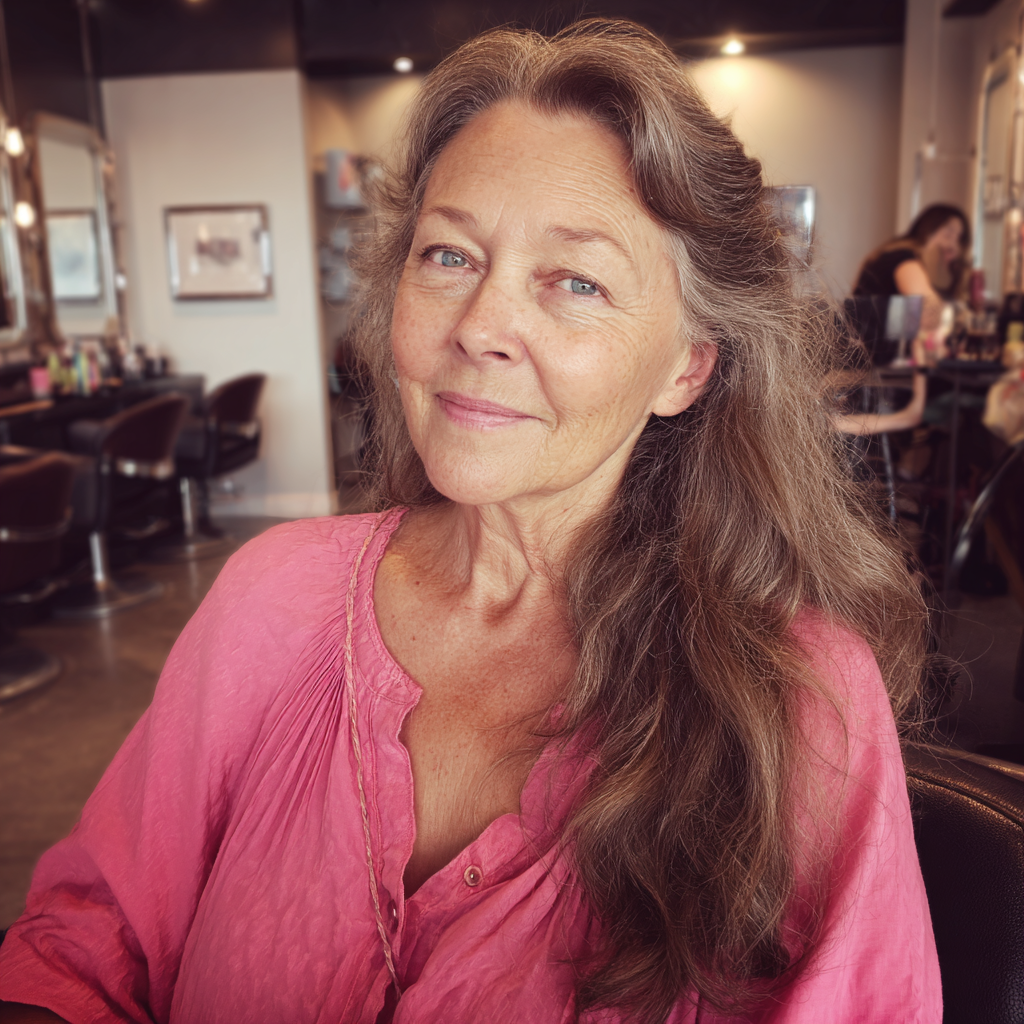 A smiling older woman wearing a pink blouse | Source: Midjourney