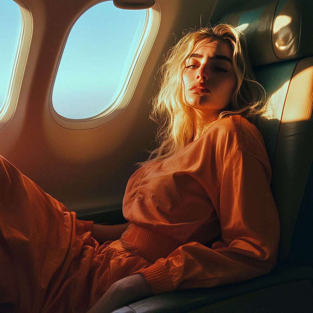 Tired woman in a plane | Source: Midjourney