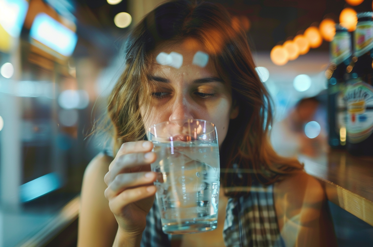 A woman gulping down a glass of water | Source: Midjourney