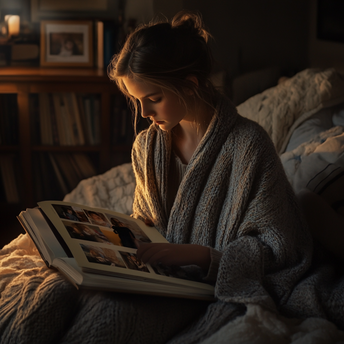 A teenage girl wrapped in an adult's cardigan looks through a family photo album as evening light fills the room | Source: Midjourney