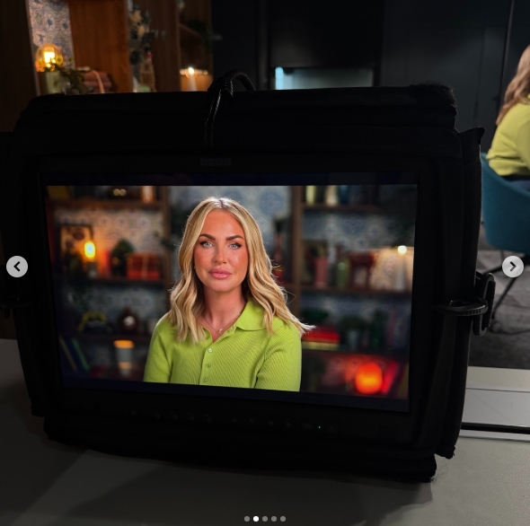 Josie Gibson appeared camera-ready in a behind-the-scenes shot, her polished look captured on a monitor as she filmed a television segment. | Source: Instagram/makeupbymellyj
