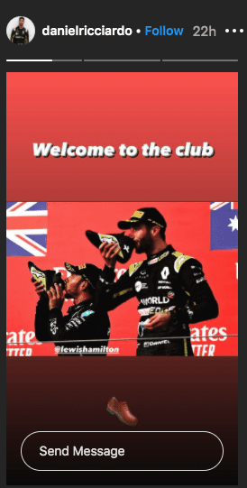 A photo of Lewis Hamilton and  Daniel Ricciardo celebrating with Ricciardo's customary "shoey" on Instagram | Photo: Instagram/danielricciardo