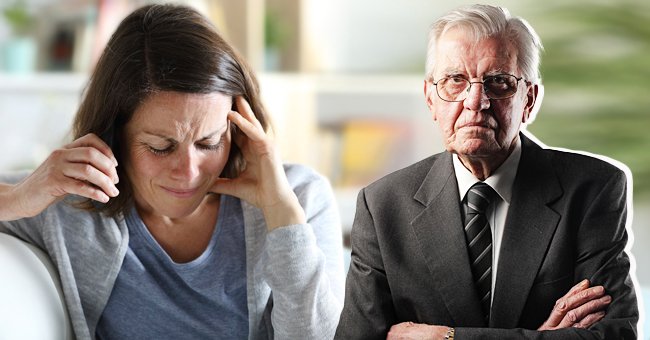 A woman looks upset while an old man is beside her. | Source: Shutterstock