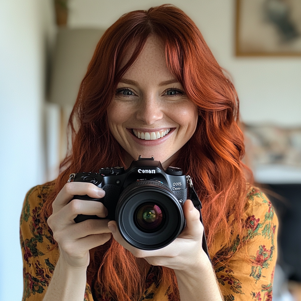 A smiling woman holding a camera | Source: Midjourney