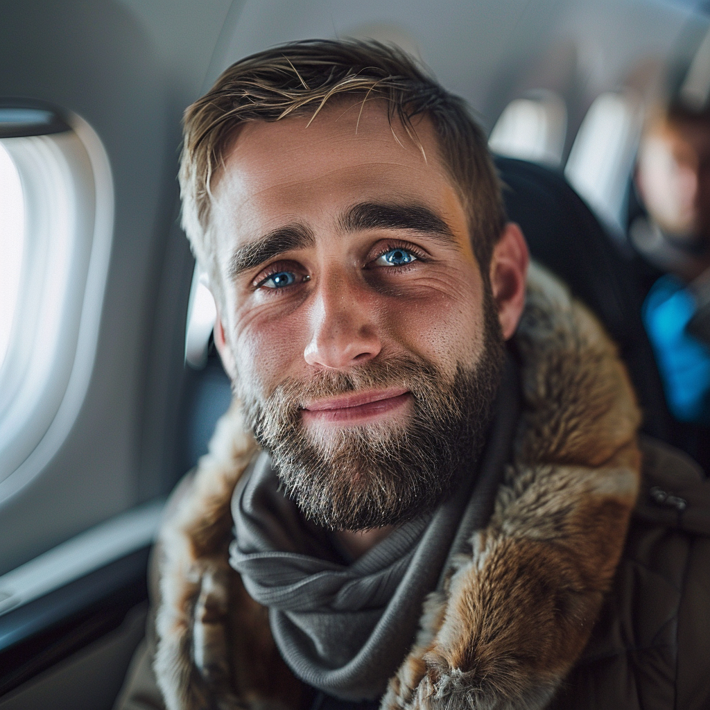 A smiling man sitting by the window in an airplane | Source: Midjourney