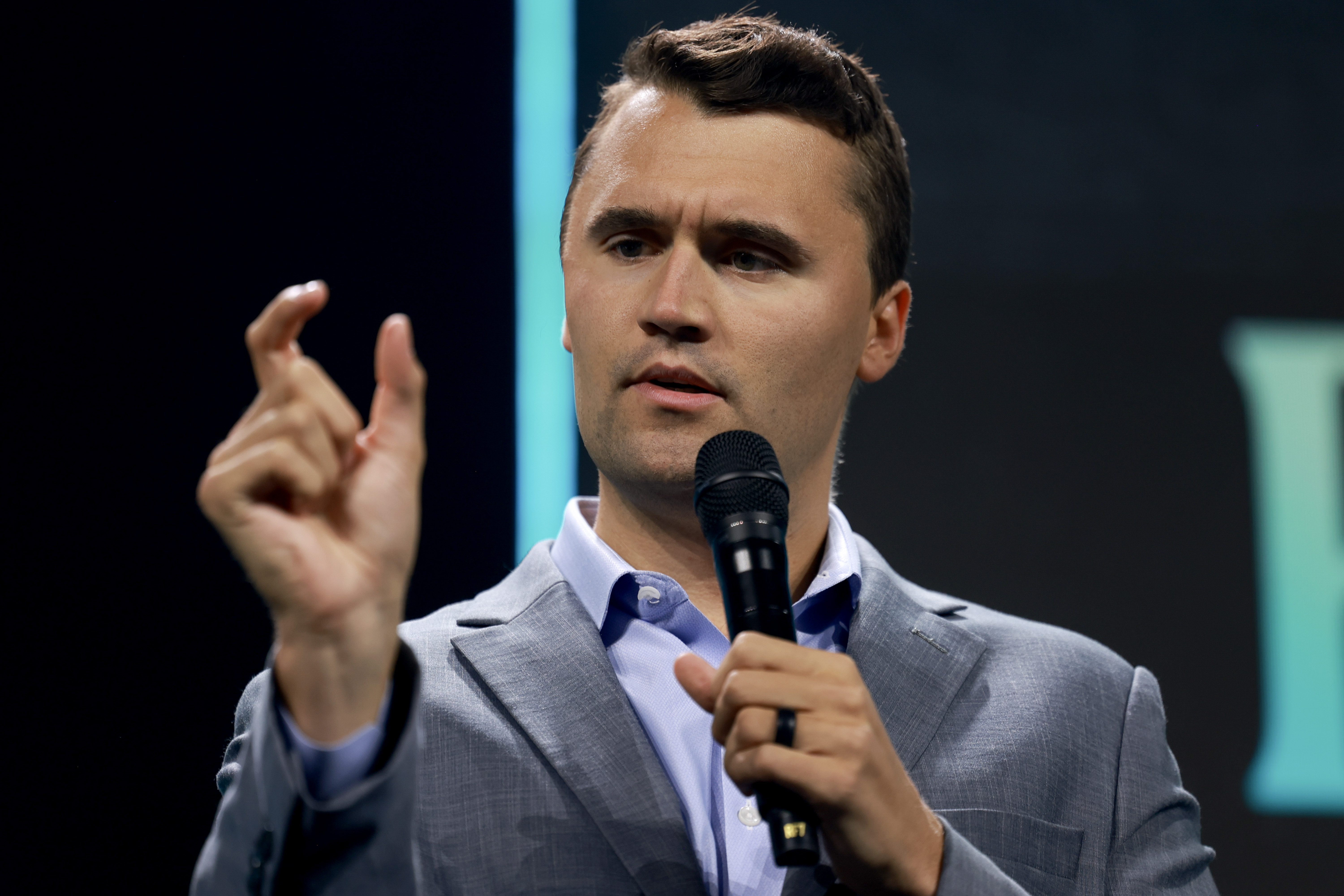Charlie Kirk at the Turning Point USA Believers Summit conference. | Source: Getty Images
