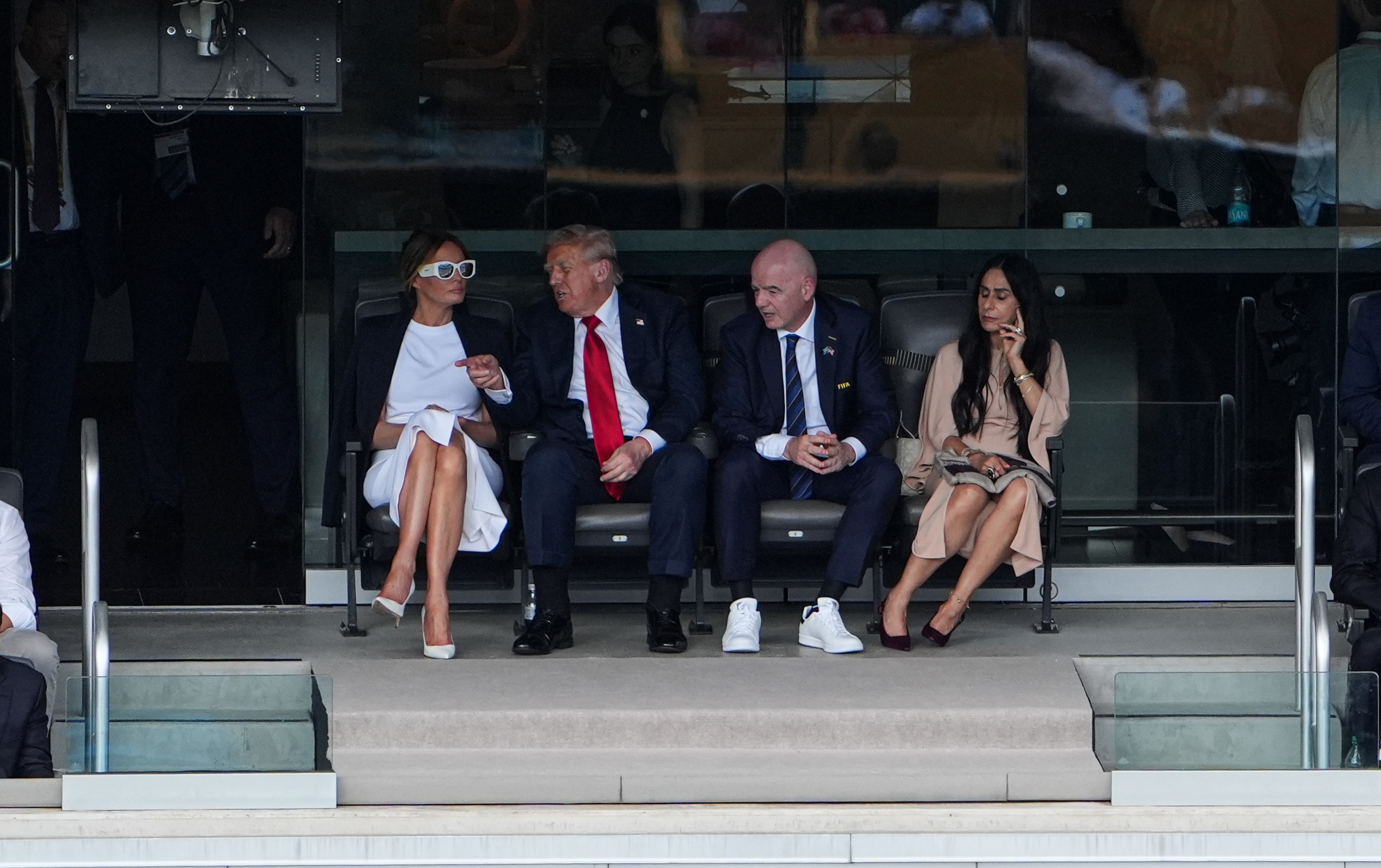 Melania and Donald Trump with Gianni Infantino and Leena Al Ashqar during the FIFA Club World Cup 2025 final match between PSG and Chelsea at MetLife Stadium on July 13 in New Jersey. | Source: Getty Images