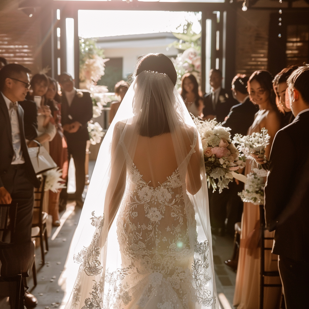 The bride walking back into the wedding ceremony | Source: Midjourney