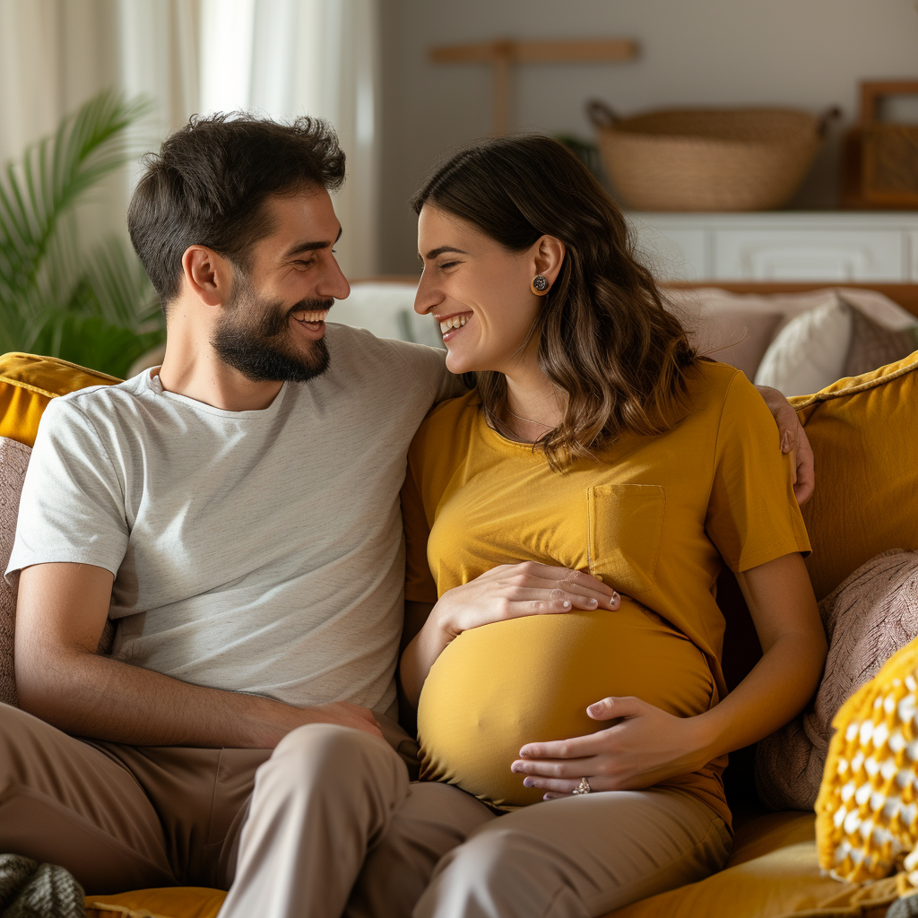 A happy pregnant couple sitting on a sofa | Source: Midjourney