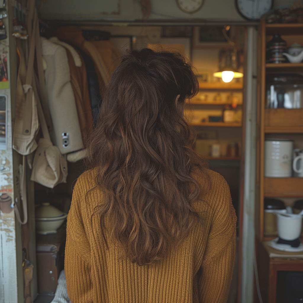 Danielle comes to hide the mug in her closet | Source: Midjourney