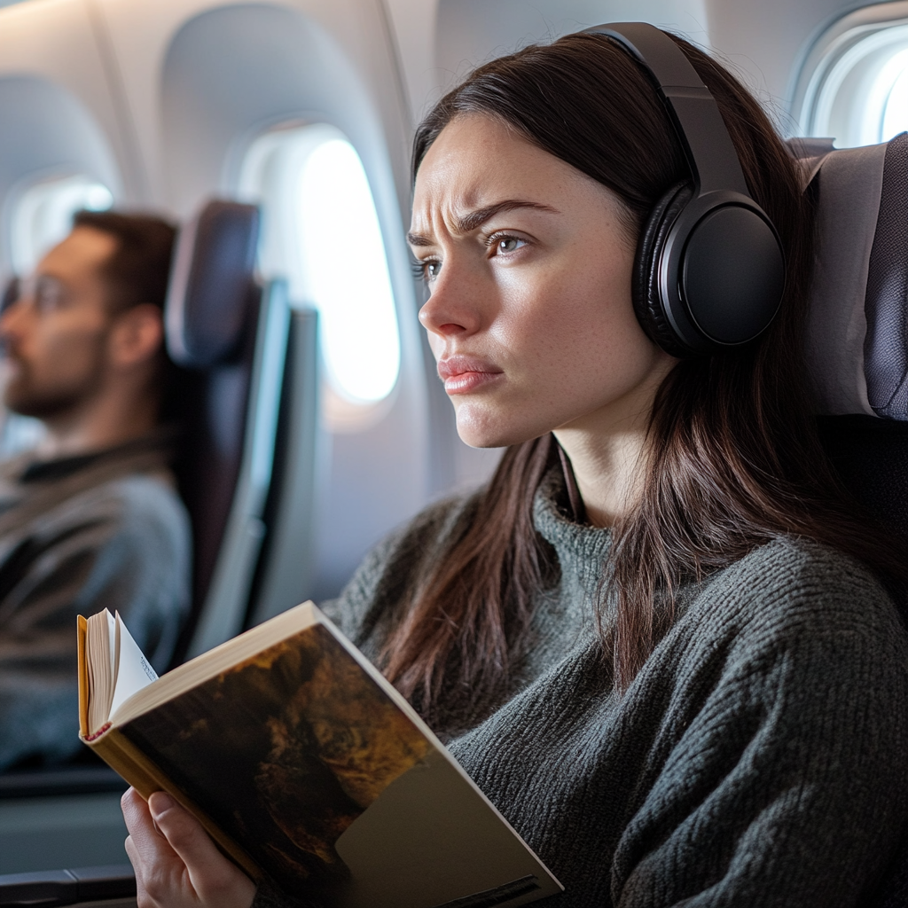 The woman stops reading, annoyed by a persistent kicking of her seat. | Source: Midjourney