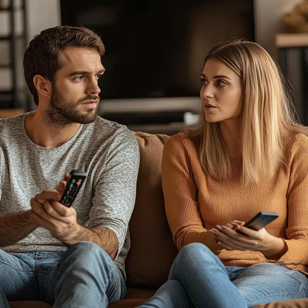 Man and woman seated on the couch and looking at each other | Source: Midjourney