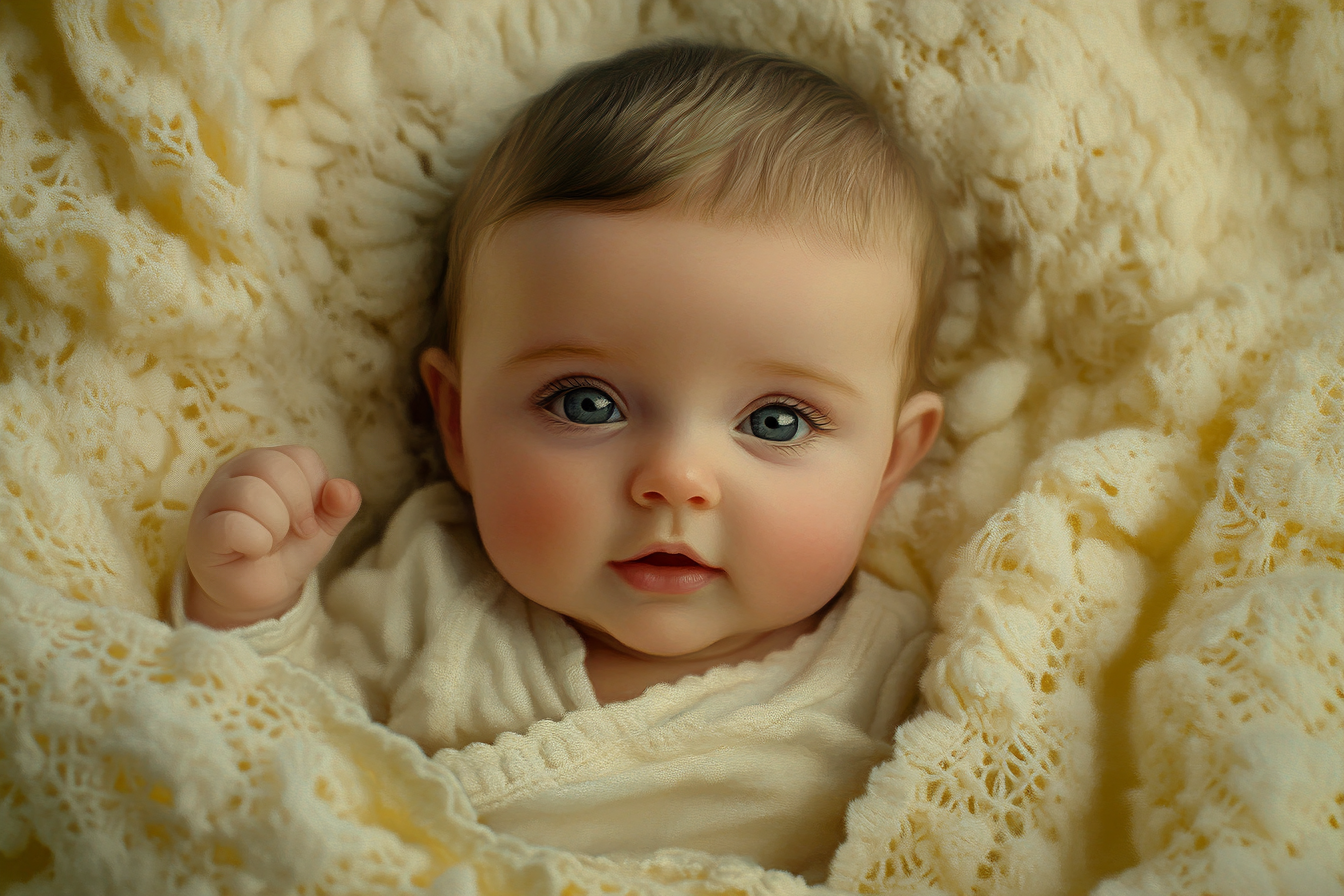 A baby swaddled in a pale yellow blanket | Source: Midjourney