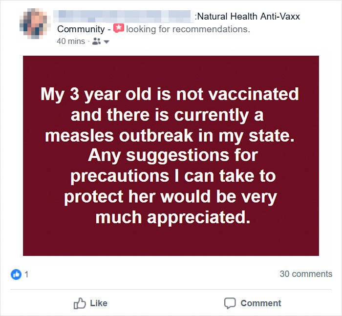 The controversial post on Facebook. Image credit: Facebook/Natrual Health Anti Vaxx