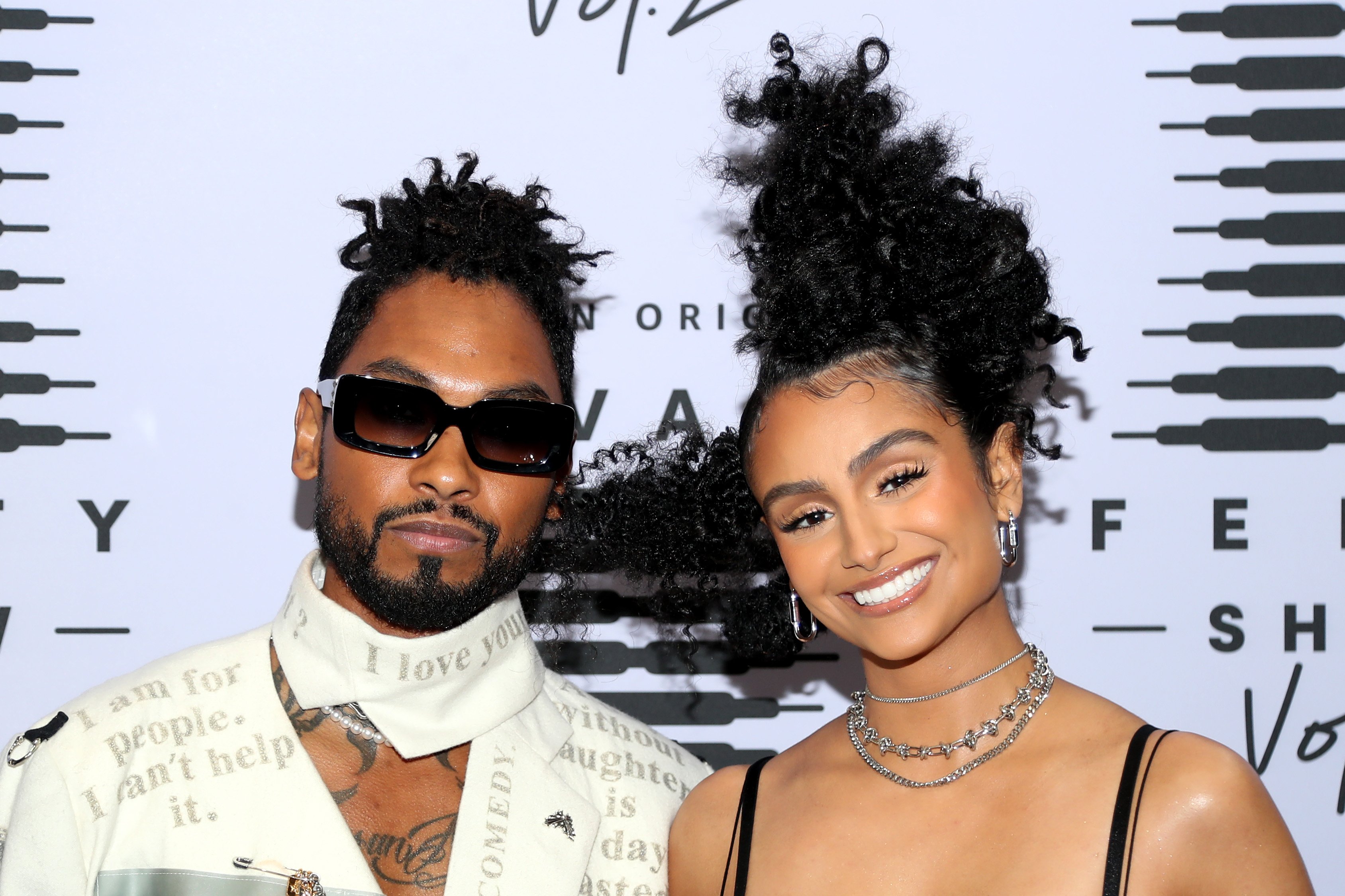 Nazanin Mandi and Miguel pose at Rihanna's Savage X Fenty Show Vol. 2 at the Los Angeles Convention Center; broadcast on October 2, 2020. | Photo by Jerritt Clark/Getty Images for Savage X Fenty Show Vol. 2