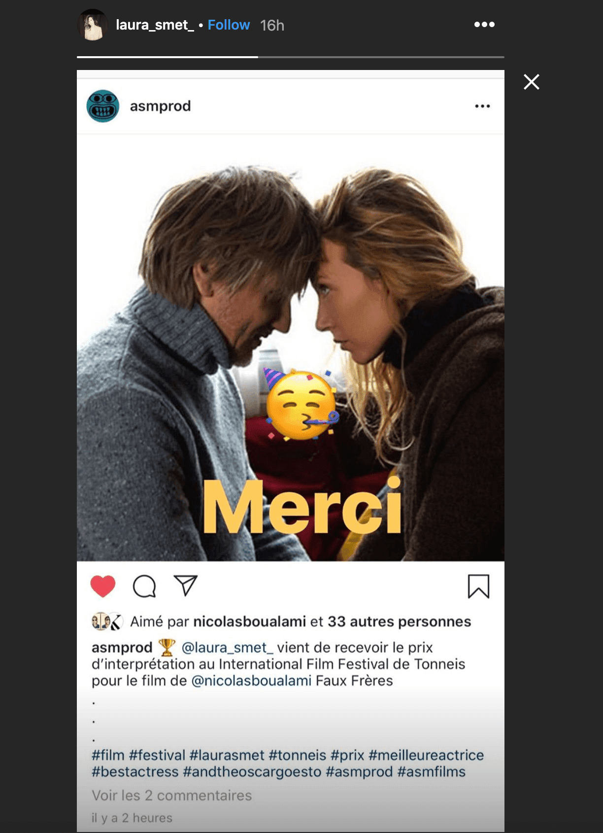 Capture d'écran de Laura Smet sur la photo de la société de production Affreux, sales et méchants pour dire "Merci" à ses fans | Photo : Instagram/laura_smet_/