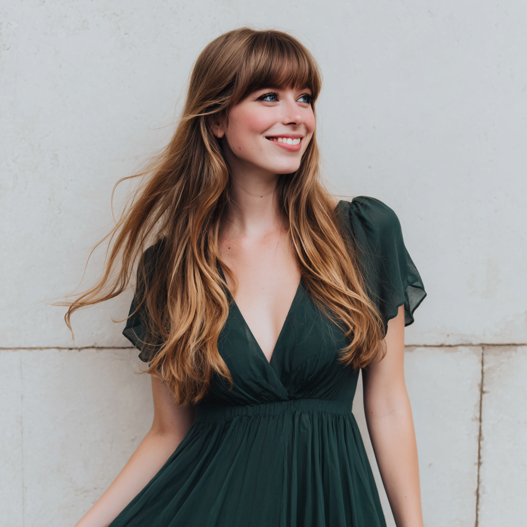 A smiling woman wearing a green dress | Source: Midjourney