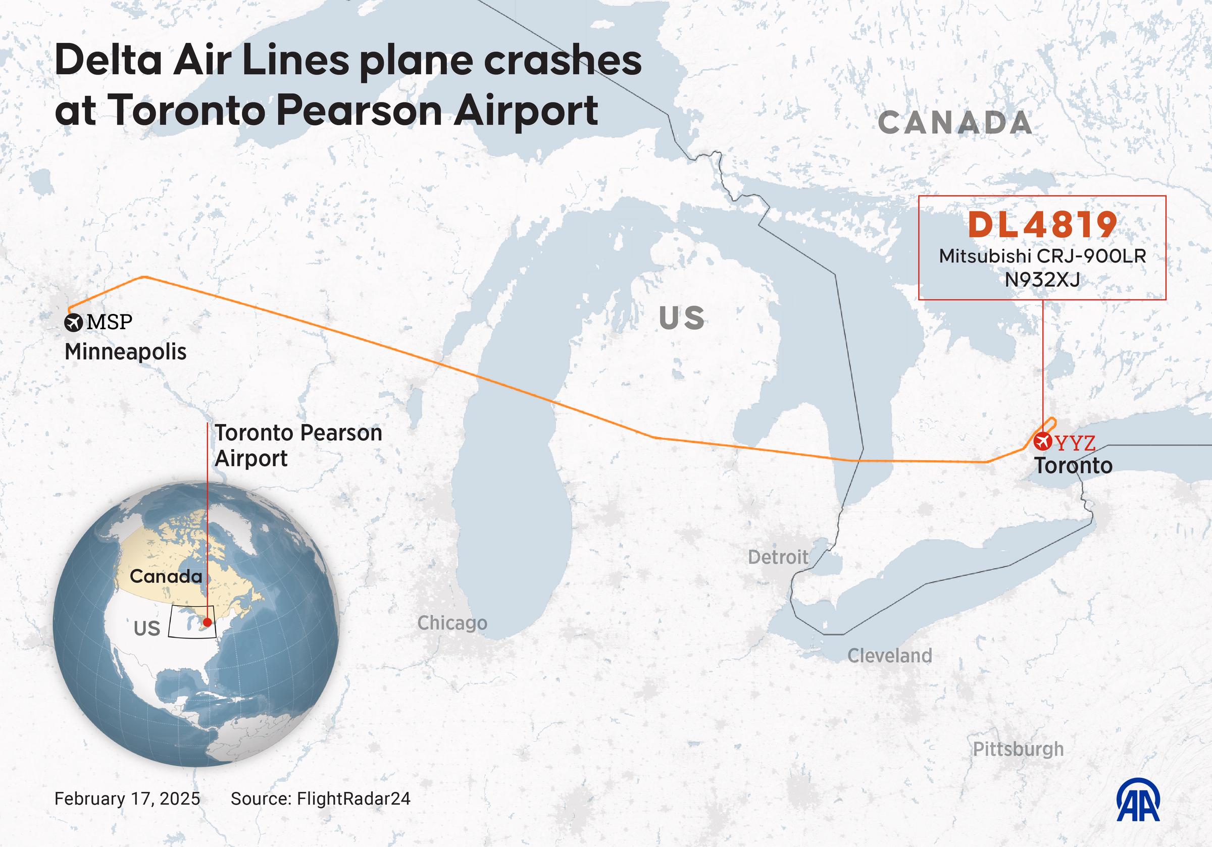 An infographic titled "Delta Air Lines plane crashes at Toronto Pearson Airport" created in Ankara, Turkiye on February 17, 2025 | Source: Getty Images