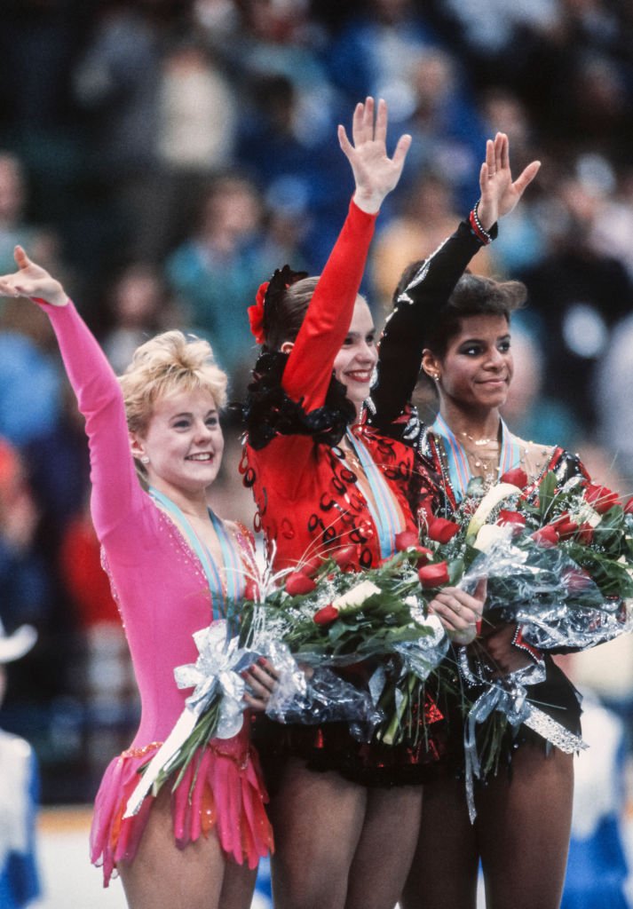 Elizabeth Manley, Katarina Witt and Debi Thomas  at the 1988 Winter Olympic Games on February 27, 1988 at the Saddledome in Calgary, Alberta, Canada | Photo: GettyImages