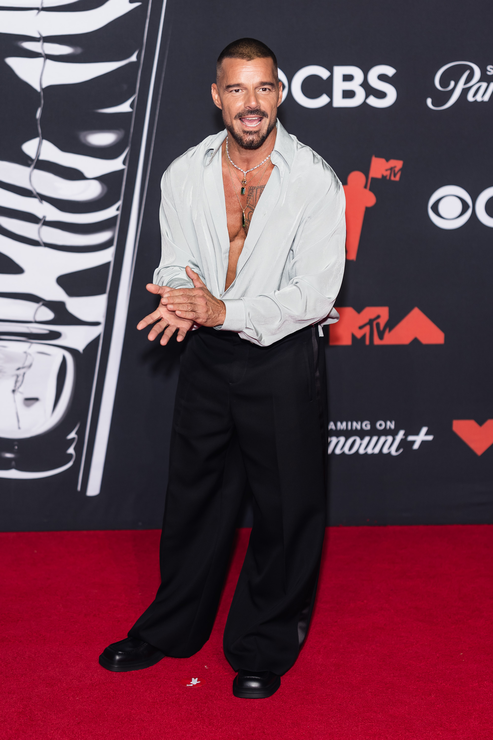 Ricky Martin hits the red carpet in relaxed, black pants and an open light shirt, flashing a smile and accessorizing with layered necklaces.