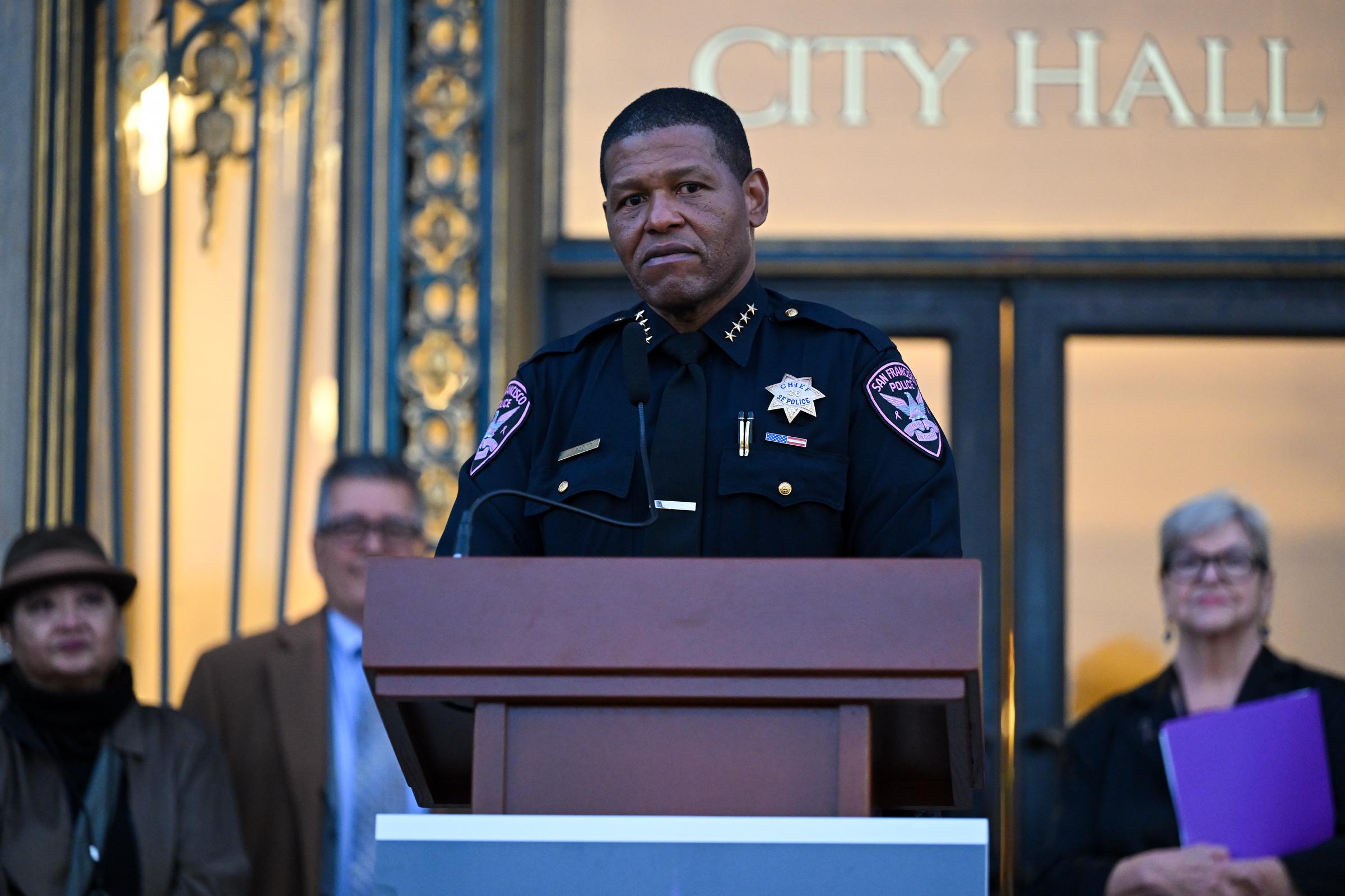 San Francisco Police Chief William Scott speaking during the launch of Domestic Violence Awareness Month in San Francisco, California on October 24, 2023 | Source: Getty Images