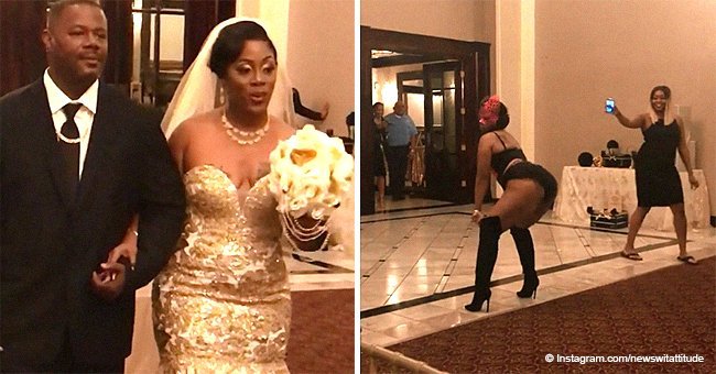 Unbashful bride twerks in revealing outfit and Mardi Gras mask during her wedding reception