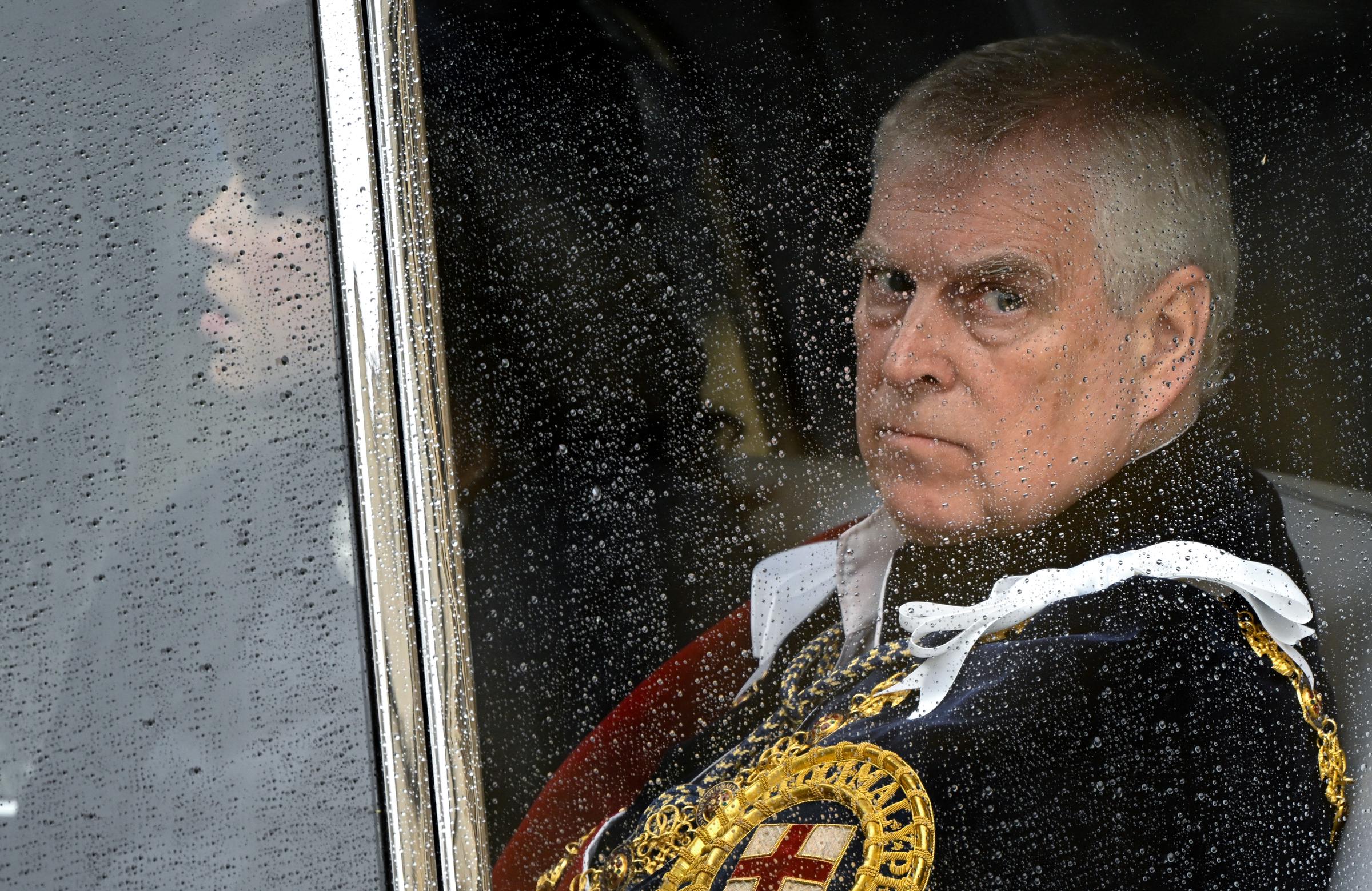Andrew Mountbatten-Windsor leaving Westminster Abbey following the coronation ceremony of King Charles III and Queen Camilla on May 6, 2023, in London, England. | Source: Getty Images