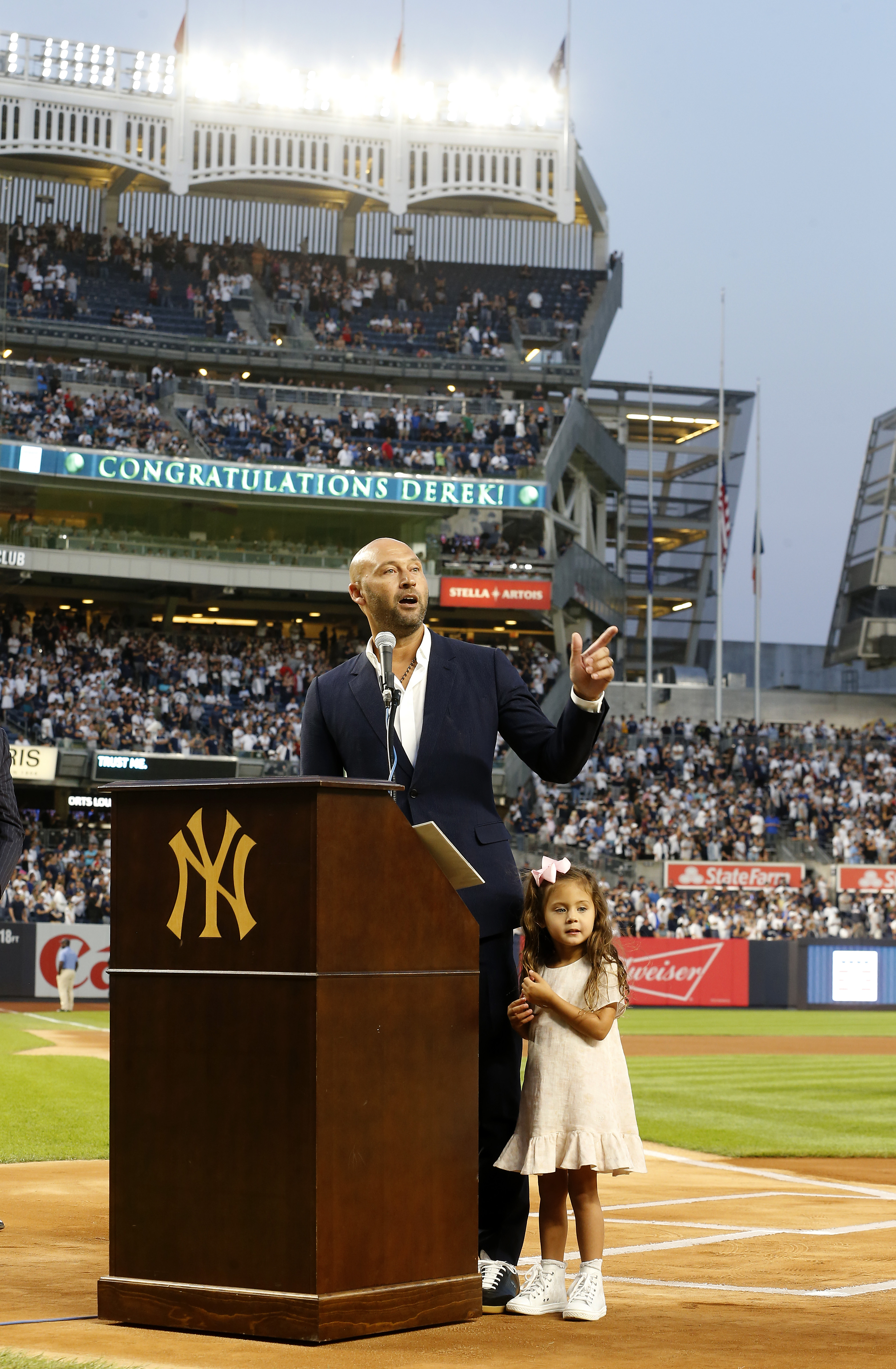 Derek Jeter and his daughter Story at the Yankee Stadium in September 2022, in New York City. | Source: Getty Images