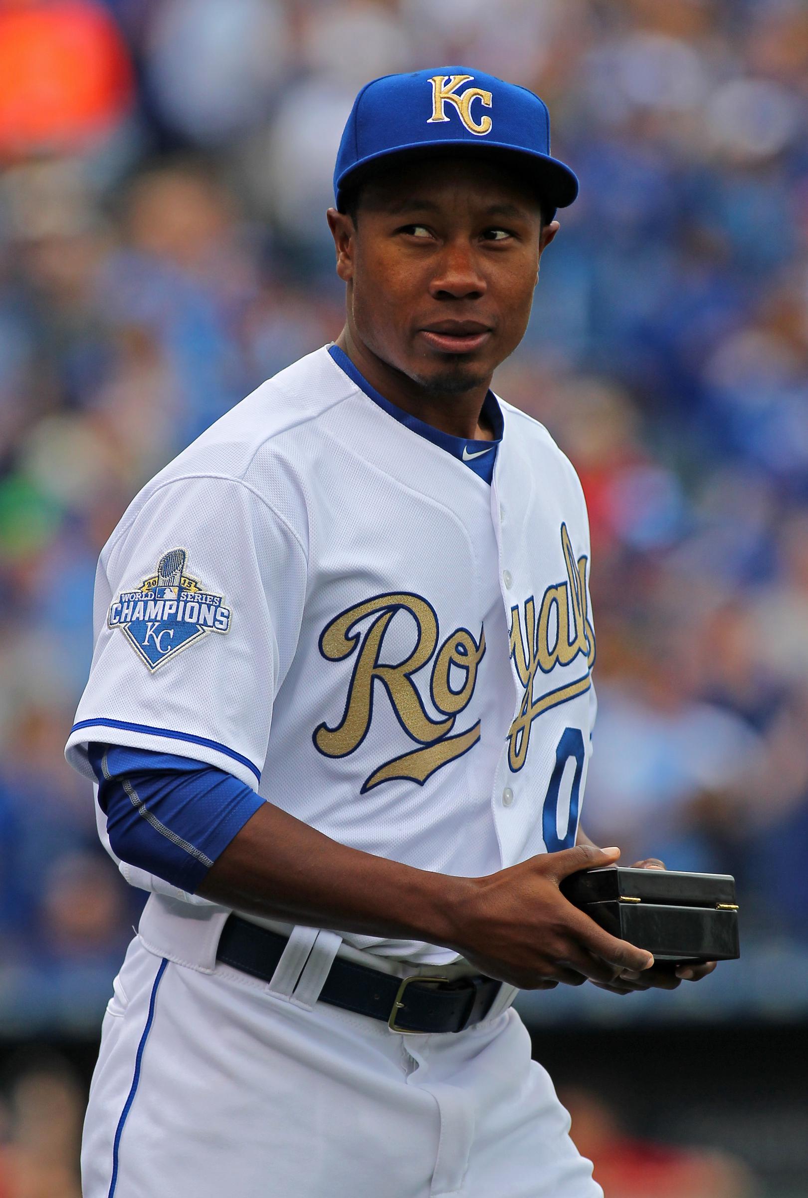 Terrance Gore of the Kansas City Royals is congratulated after receiving his World Series ring at Kauffman Stadium in Missouri on April 5,  2015. | Source: Getty Images