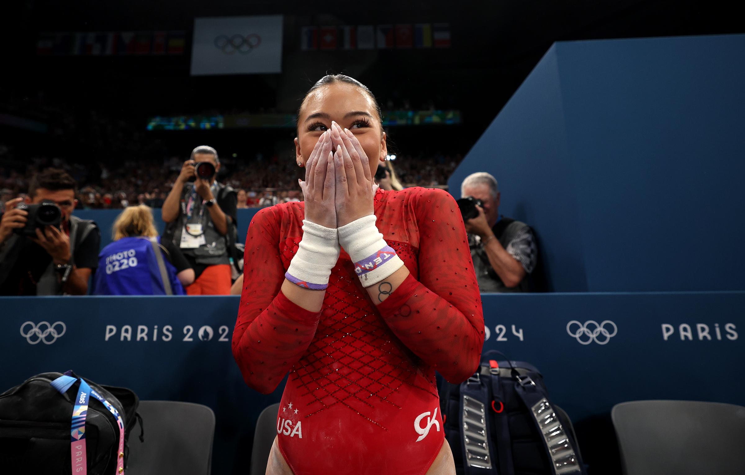 Suni Lee celebrating winning the Bronze medal during the Artistic Gymnastics Women's Uneven Bars Final on day nine of the Olympic Games Paris 2024 on August 4, in France. | Source: Getty Images