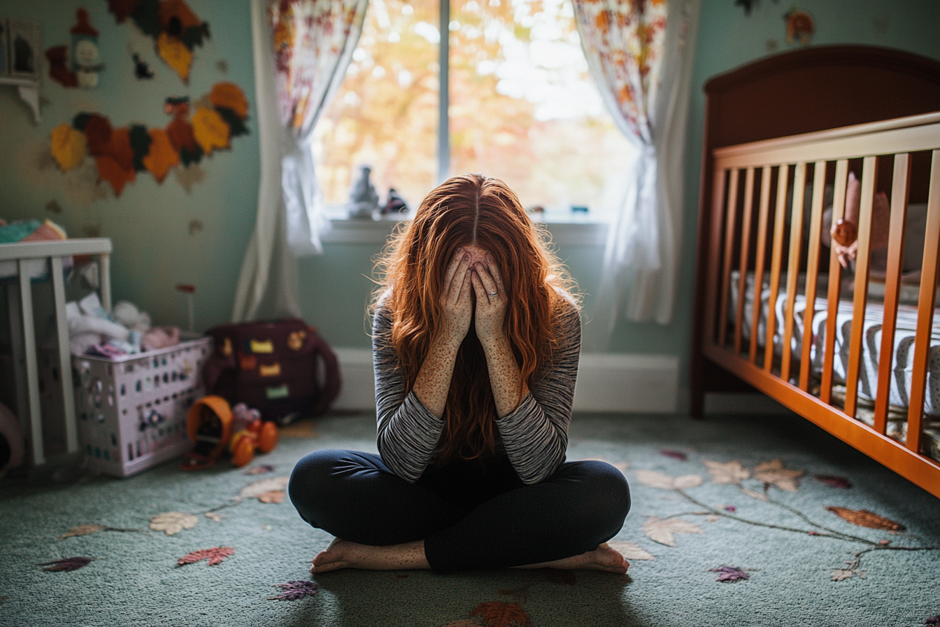 A woman crying in a baby's room | Source: Midjourney