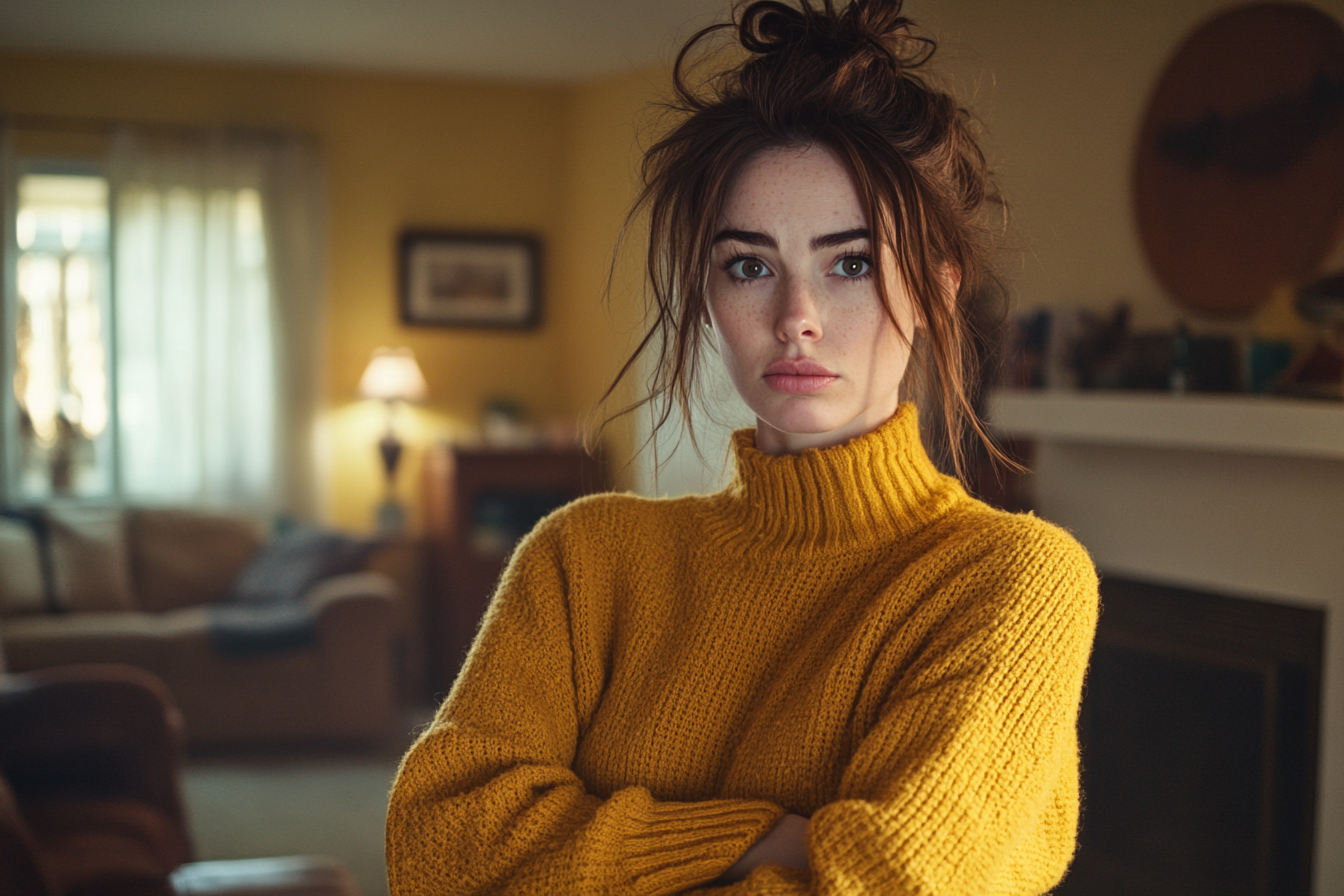 A woman with arms crossed in a living room | Source: Midjourney