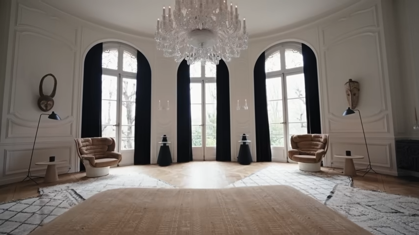 Three towering arched French windows with dramatic black drapes flood the minimalist, oval-shaped master bedroom with natural light. | Source: YouTube/@Archdigest