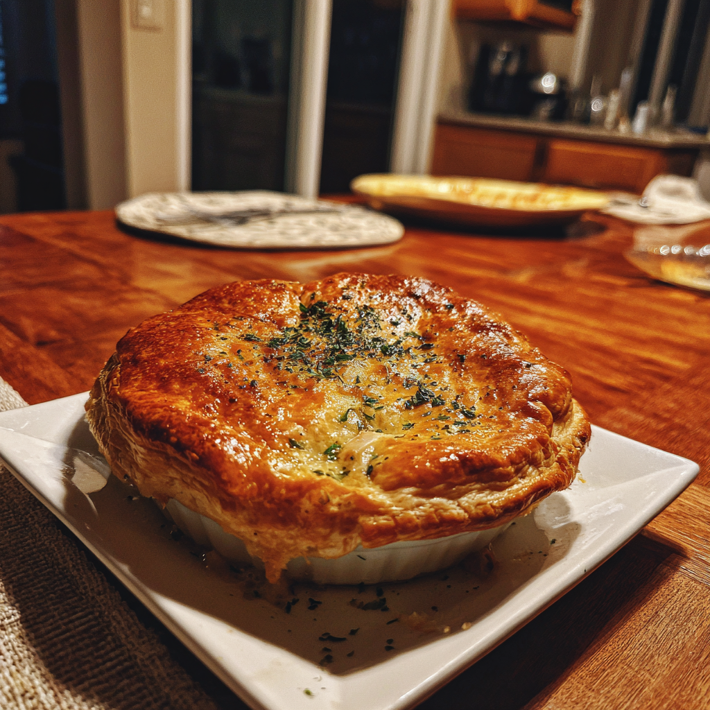 A chicken pot pie on a dining table | Source: Midjourney