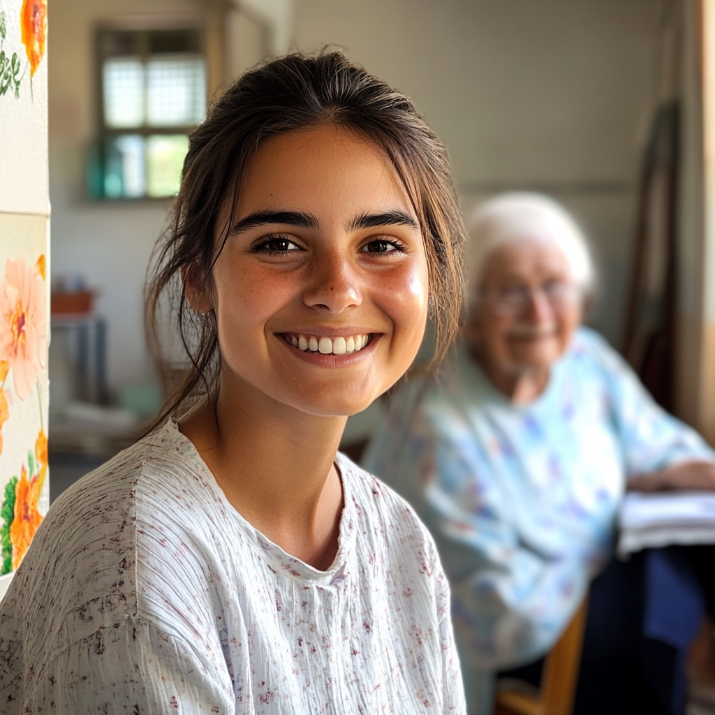 A young woman at a nursing home | Source: Midjourney