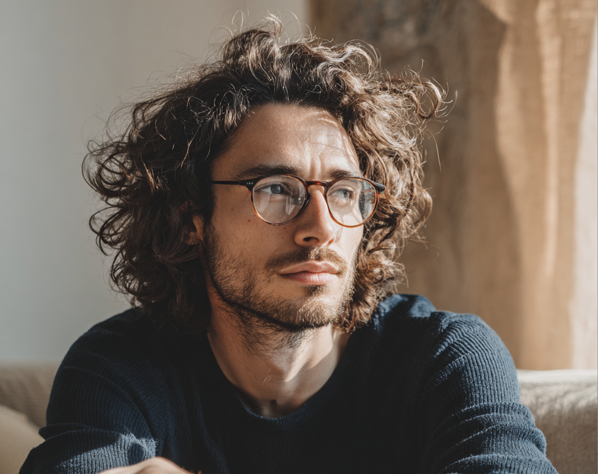 A frowning man sitting on a couch | Source: Midjourney