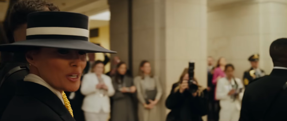 Melania Trump speaking to the cameraman as she attends Donald Trump's inauguration. | Source: YouTube/Amazon MGM Studios