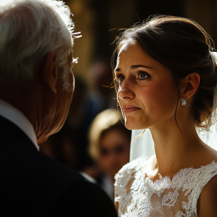 A worried-looking bride addressing an older man | Source: Midjourney