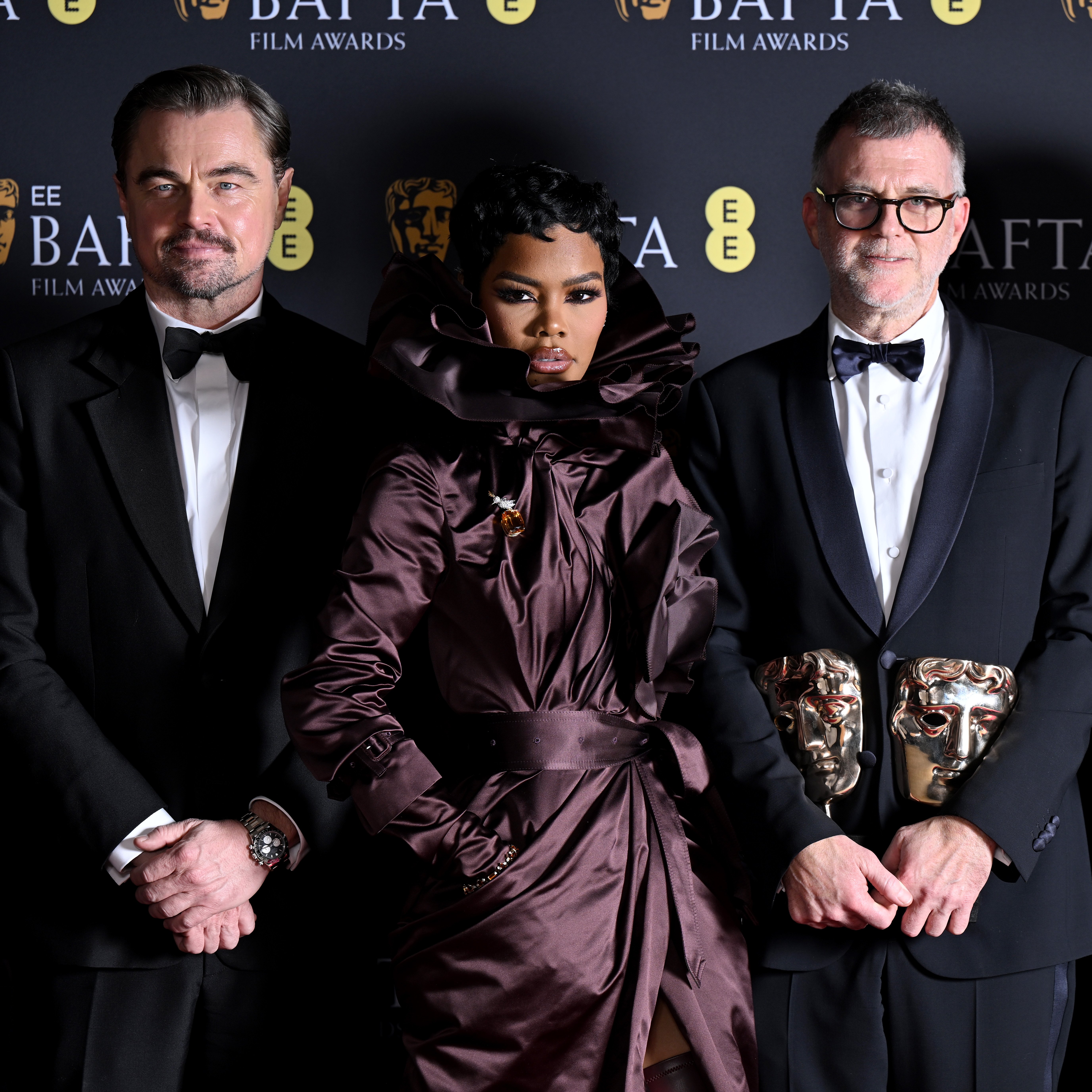 Leonardo DiCaprio, Teyana Taylor, and Paul Thomas Anderson pose with awards for 'One Battle After Another' in the winners room during the 79th BAFTA Film Awards at The Royal Festival Hall on February 22, 2026, in London, England | Source: Getty Images