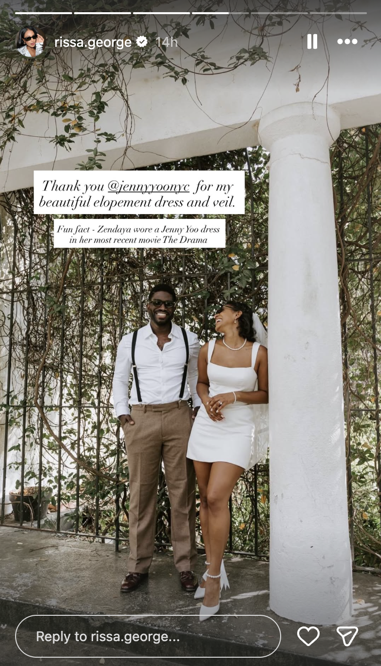 Marissa George shared another glimpse from her intimate Savannah wedding, showing the newlyweds laughing together beneath a vine-covered pavilion. | Source: Instagram Story/rissa.george