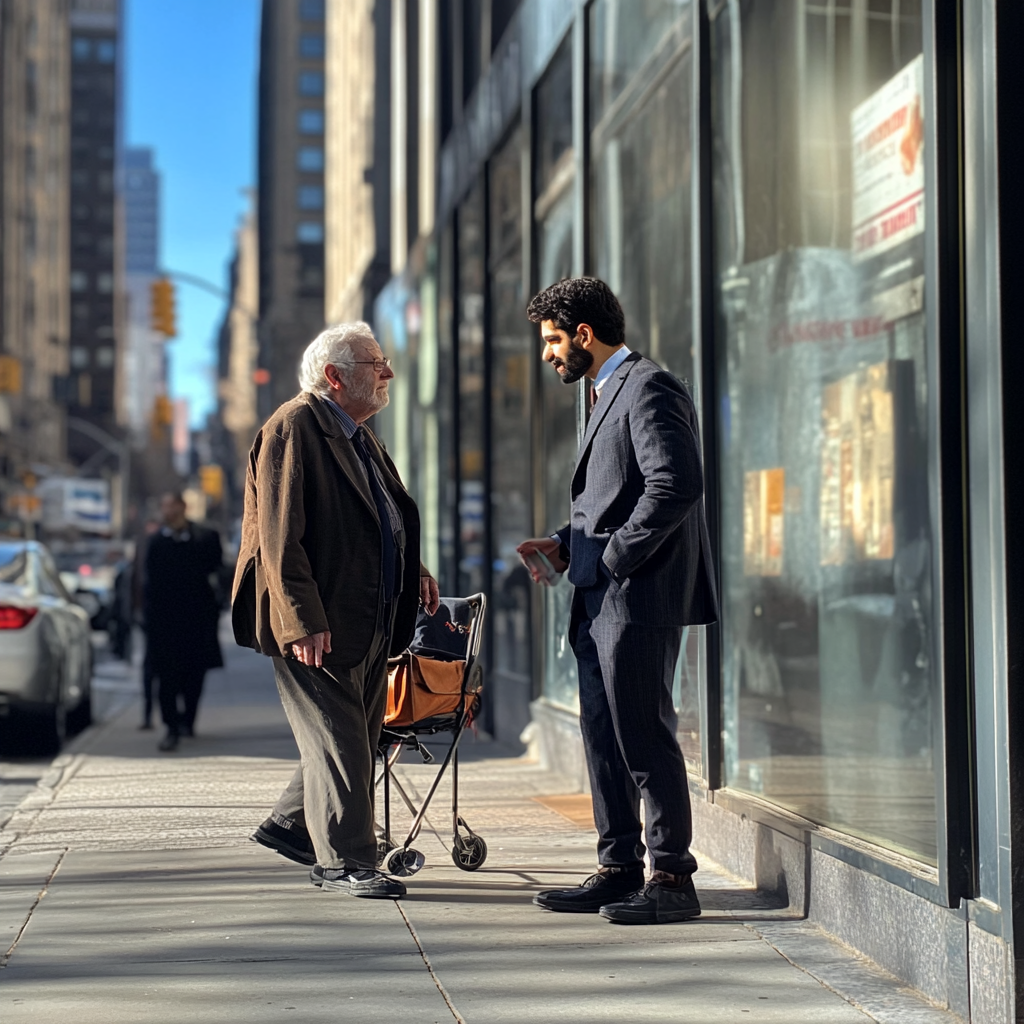 Two men talking on the streets | Source: Midjourney