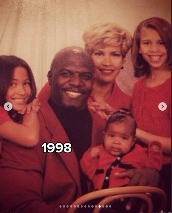 Terry Crews, Rebecca King-Crews and their children in matching red outfits in a 1998 photo, from a post dated July 29, 2025. | Source: Instagram/terrycrews